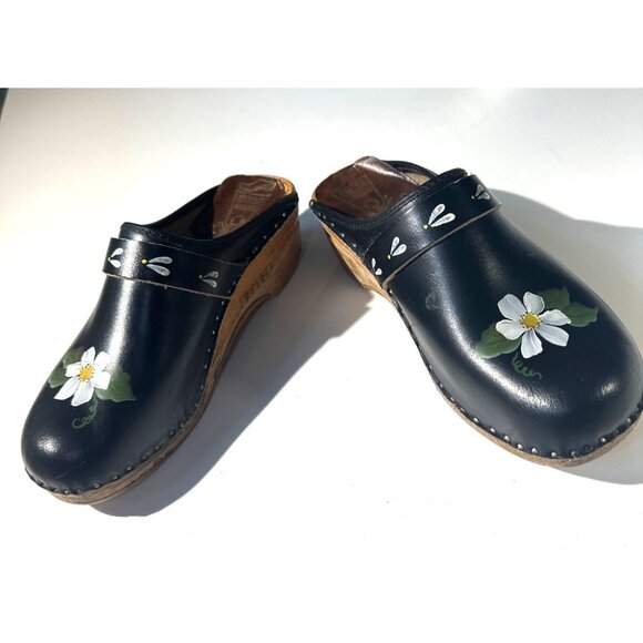Handmade Swedish Black Leather Clogs With Hand-Painted Flowers Wood Sole Size 37 - Picture 6 of 16